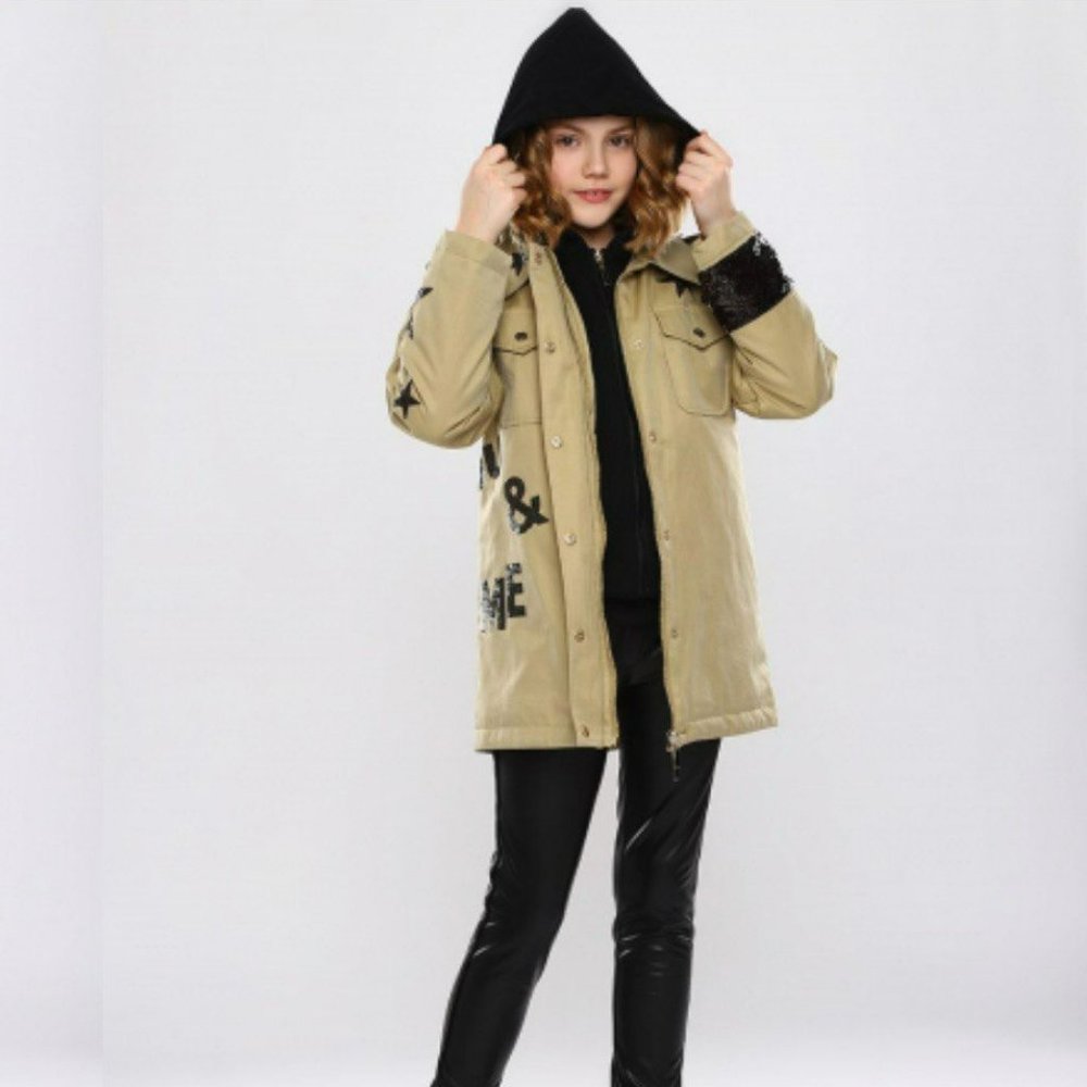 Girls Utility‎ Military Parka Jacket L'Addobbo Size 10 140 Hooded Sequin Star